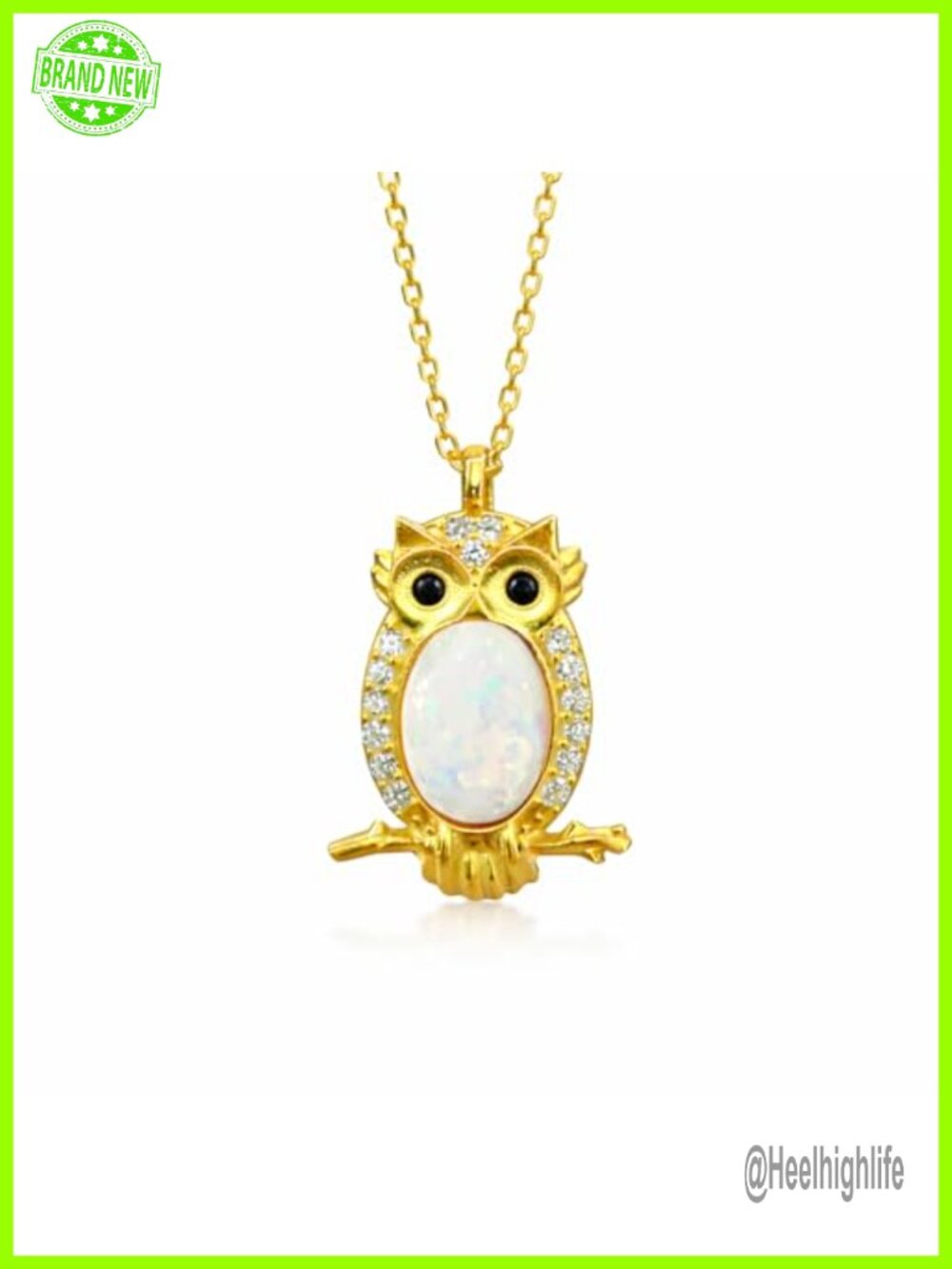 925 Sterling Silver Owl Pendant Necklace with Natural Opal 18K Gold Plated